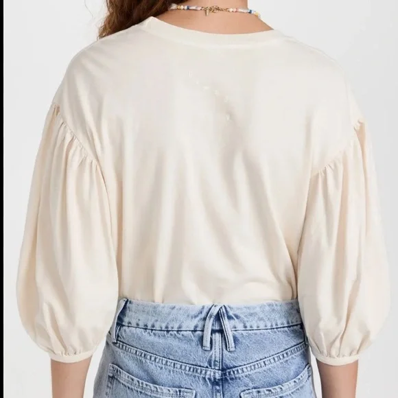 CLARE V. Embroidered Detail Balloon Sleeve Cotton Tee - Picture 2 of 8